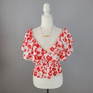 ZARA // cherry red & white floral plunge flutter sleeve low back peplum top